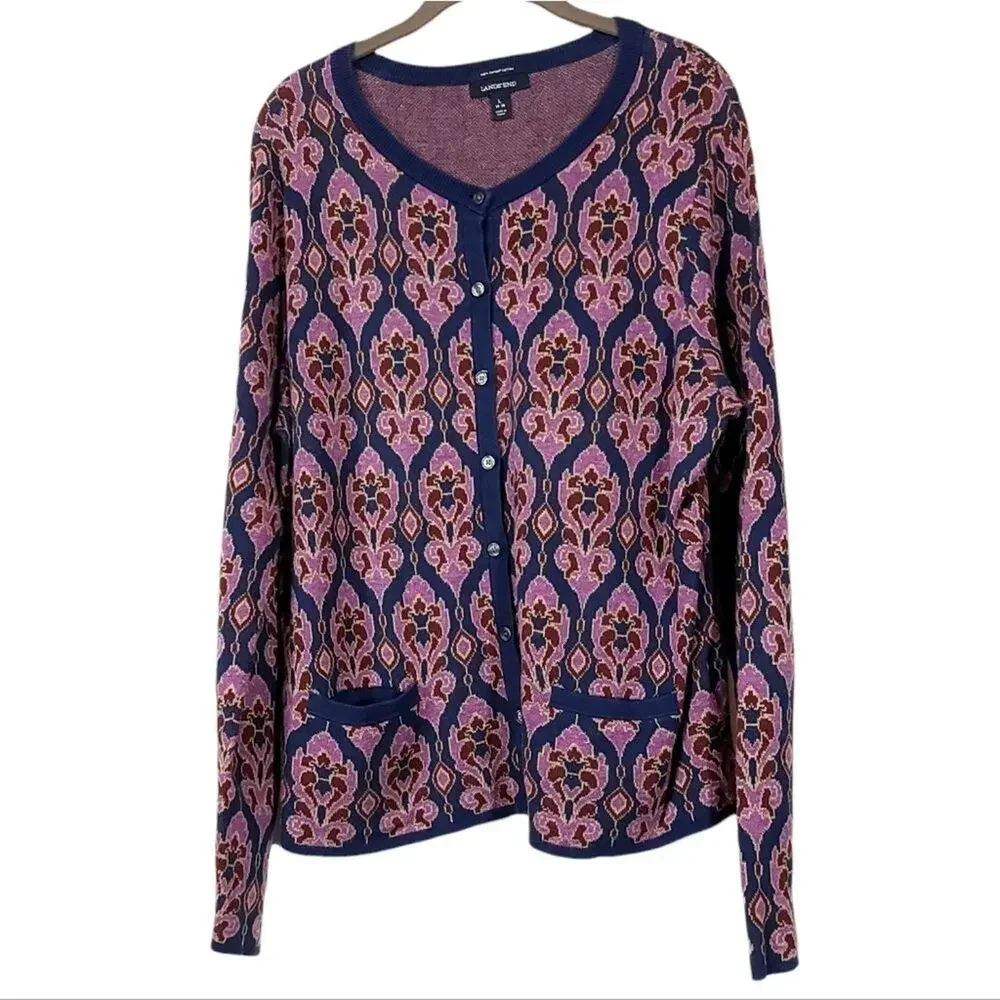 Lands' End Supima Pocket Cardigan Purple Sno Heather Tapestry Size Large 14 -16 - Picture 1 of 4
